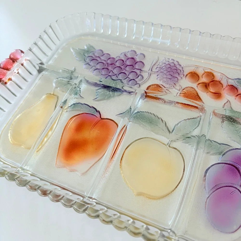 Vintage Iridescent Glass Fruit Divided Serving Tray Scalloped Edge Pink Handles